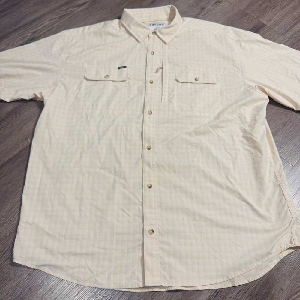 Poncho Outdoors Mens XL Regular Fit Fishing Shirt Yellow Gingham Magnetic Pocket